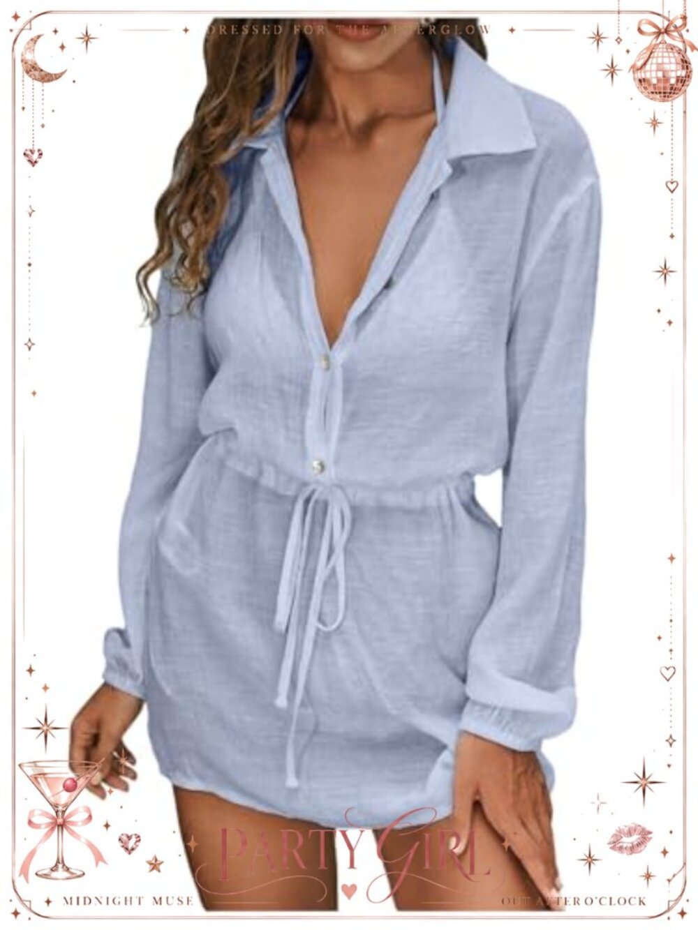 Lightweight Collared Button Down Mini Beach Dress Long Sleeve